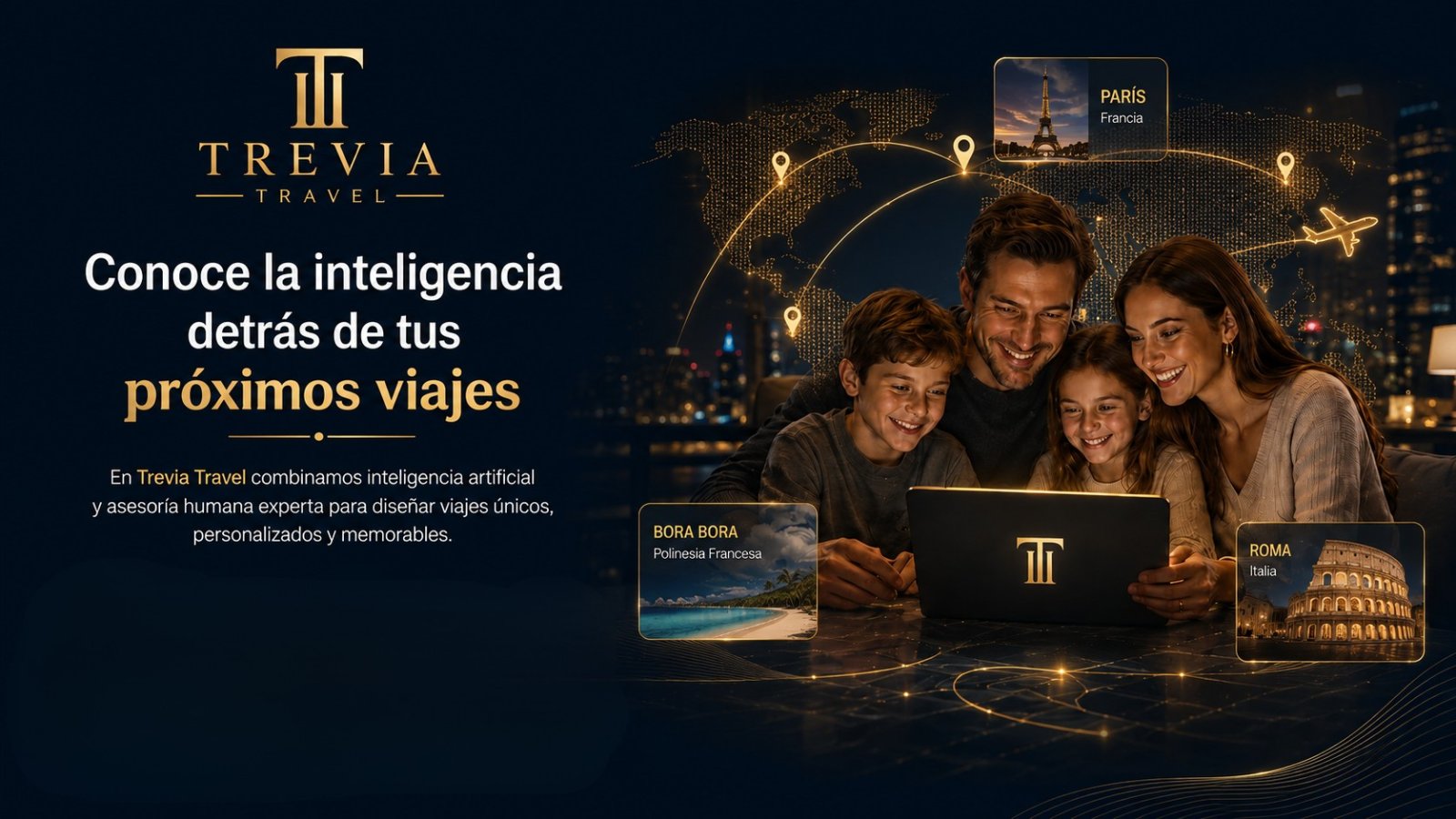 Trevia Travel — combinamos inteligencia artificial y asesoría humana experta para diseñar viajes únicos, personalizados y memorables. Destinos como París, Roma y Bora Bora.