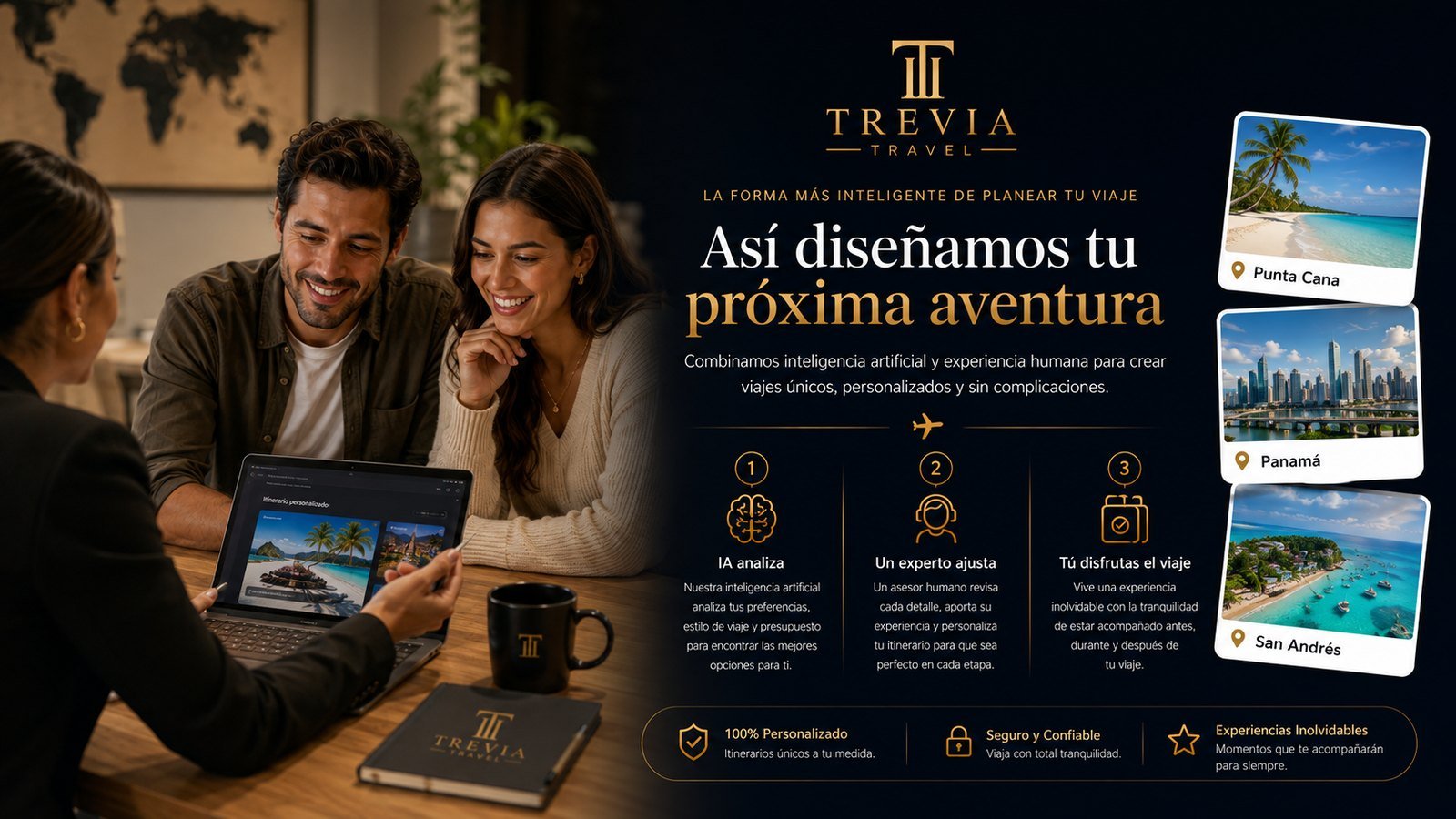 Así diseñamos tu próxima aventura: la IA analiza tus preferencias, un experto ajusta tu itinerario y tú disfrutas el viaje acompañado de principio a fin.